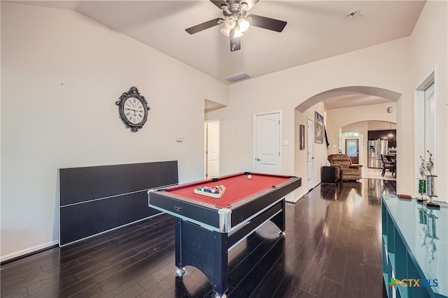 recreation room with vaulted ceiling, ceiling fan, dark hardwood / wood-style floors, and billiards