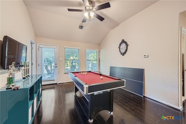 recreation room with vaulted ceiling, ceiling fan, dark wood-type flooring, and billiards