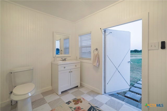 bathroom featuring wood walls, a wealth of natural light, vanity, and toilet