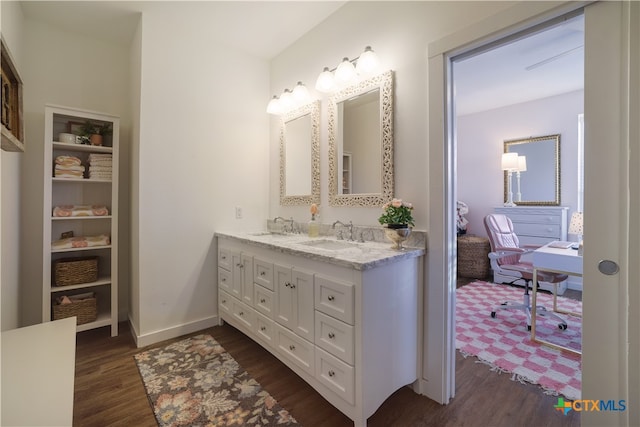 bathroom with wood-type flooring and vanity