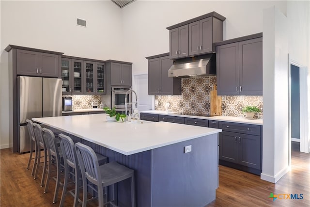 kitchen with an island with sink, ventilation hood, a towering ceiling, and stainless steel appliances