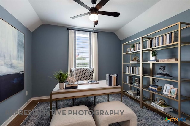 2958 Mckinnie Park, Bulverde, TX 78163 - home office featuring lofted ceiling, ceiling fan, wood finished floors, and baseboards