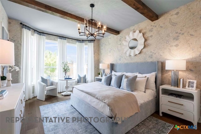 2958 Mckinnie Park, Bulverde, TX 78163 - bedroom with wallpapered walls, beamed ceiling, dark wood-style floors, and a chandelier
