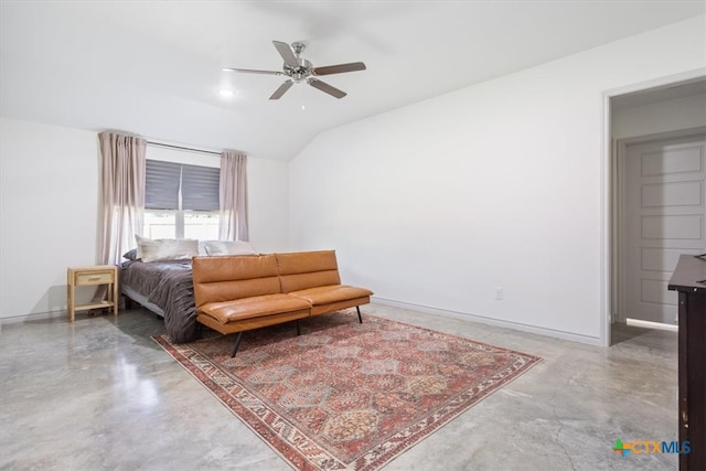 bedroom with ceiling fan, concrete floors, and lofted ceiling