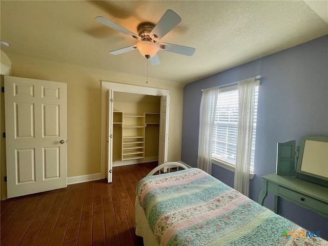 bedroom with ceiling fan, dark hardwood / wood-style flooring, a walk in closet, and a closet