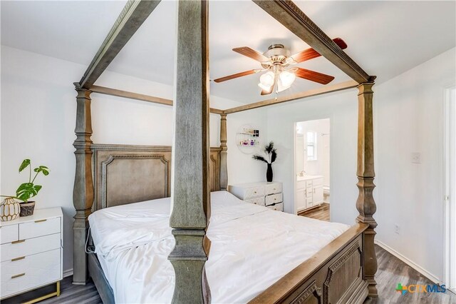 5500 Lions Gate Ln, Killeen, TX 76549 - bedroom with dark wood finished floors, ensuite bathroom, and ceiling fan