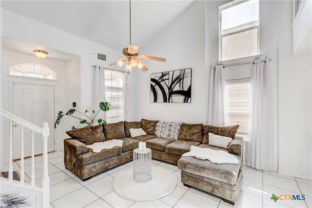 5500 Lions Gate Ln, Killeen, TX 76549 - living area with ceiling fan, stairway, and lofted ceiling