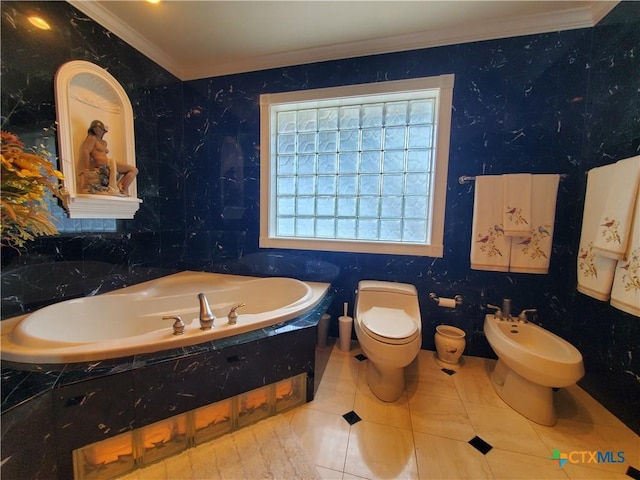 313 N Church, Goliad, TX 77963 - full bath featuring ornamental molding, a bath, toilet, a bidet, and tile patterned flooring