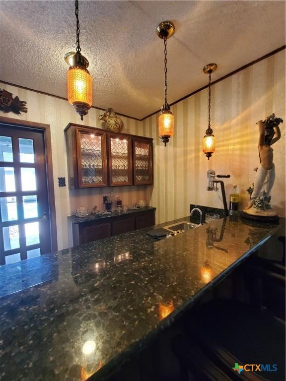 313 N Church, Goliad, TX 77963 - indoor wet bar featuring a textured ceiling and pendant lighting