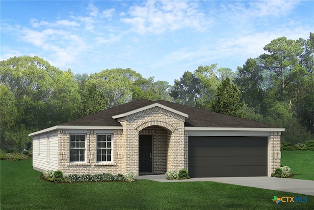 single story home featuring a garage and a front lawn