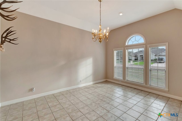 unfurnished room featuring light tile patterned floors, vaulted ceiling, and a notable chandelier