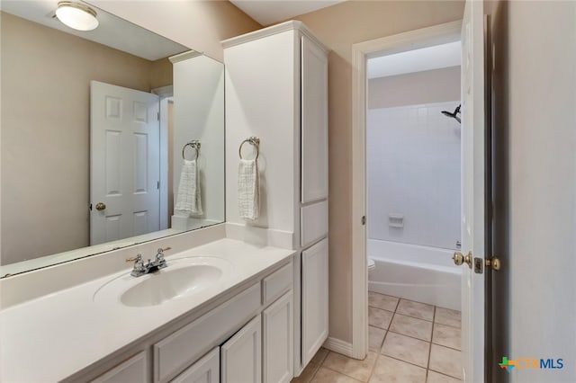 bathroom with tile patterned floors, shower / tub combination, and vanity