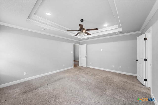 3305 Crystal Ann Dr, Temple, TX 76502 - unfurnished bedroom with a raised ceiling, ornamental molding, recessed lighting, carpet flooring, and a ceiling fan