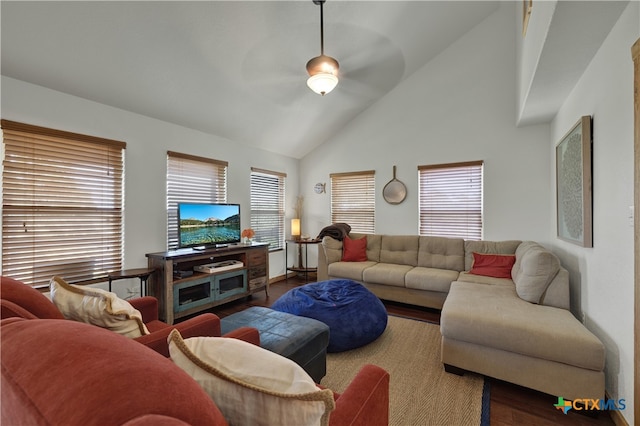 living room featuring high vaulted ceiling, wood-type flooring, and ceiling fan