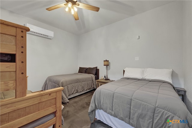 bedroom with an AC wall unit and ceiling fan