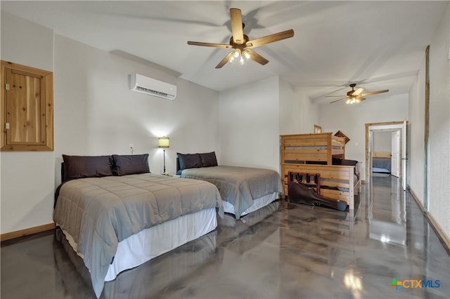 bedroom with a wall unit AC and ceiling fan