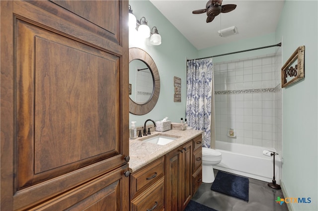 full bathroom featuring shower / bath combo with shower curtain, ceiling fan, vanity, and toilet