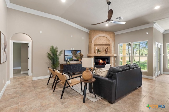 155 Woodrow Center Rd, Kingsbury, TX 78638 - living room featuring ornamental molding, a ceiling fan, a large fireplace, and recessed lighting