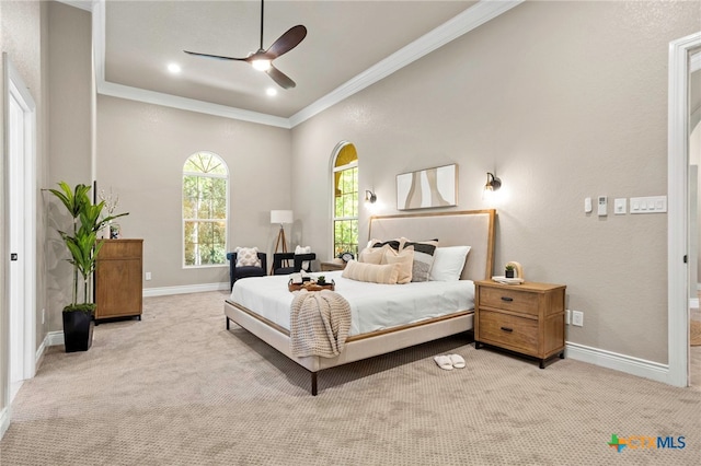 155 Woodrow Center Rd, Kingsbury, TX 78638 - bedroom featuring ornamental molding, carpet flooring, recessed lighting, and a ceiling fan
