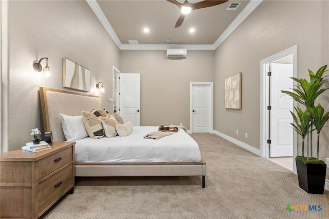 155 Woodrow Center Rd, Kingsbury, TX 78638 - bedroom featuring light colored carpet, crown molding, a wall mounted air conditioner, and ceiling fan