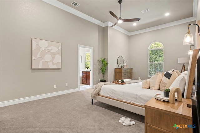 155 Woodrow Center Rd, Kingsbury, TX 78638 - bedroom with ornamental molding, carpet floors, ensuite bathroom, recessed lighting, and a ceiling fan