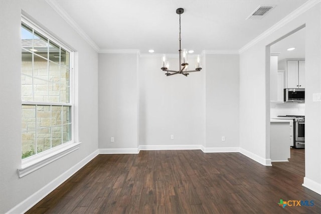 unfurnished dining area featuring ornamental molding, a chandelier, and dark hardwood / wood-style floors