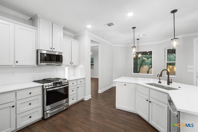 4117 Turning Leaf Dr, Nolanville, TX 76559 - kitchen with white cabinetry, dark hardwood / wood-style flooring, decorative light fixtures, sink, and appliances with stainless steel finishes