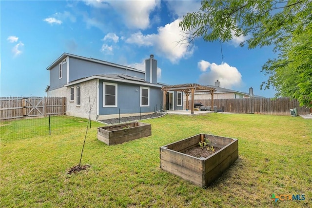 5304 Oster Dr, Killeen, TX 76542 - rear view of property featuring a vegetable garden, a patio, a pergola, and a chimney
