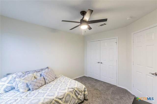 5304 Oster Dr, Killeen, TX 76542 - bedroom with carpet, a closet, baseboards, and a ceiling fan