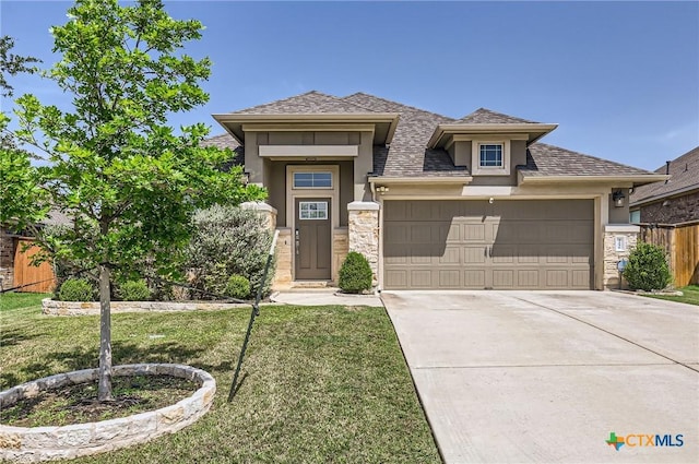 3256 Pablo Cir, Round Rock, TX 78665 - prairie-style home featuring stucco siding, an attached garage, driveway, a shingled roof, and stone siding