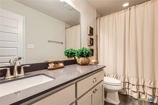 3256 Pablo Cir, Round Rock, TX 78665 - bathroom featuring vanity, toilet, wood finished floors, and a shower with curtain