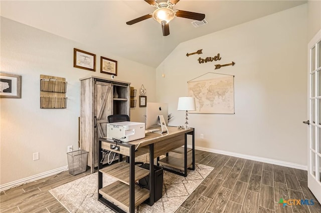 3256 Pablo Cir, Round Rock, TX 78665 - office area with wood finished floors, ceiling fan, lofted ceiling, and baseboards