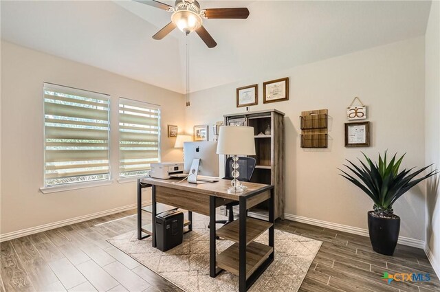 3256 Pablo Cir, Round Rock, TX 78665 - home office featuring ceiling fan, dark wood-type flooring, baseboards, and vaulted ceiling