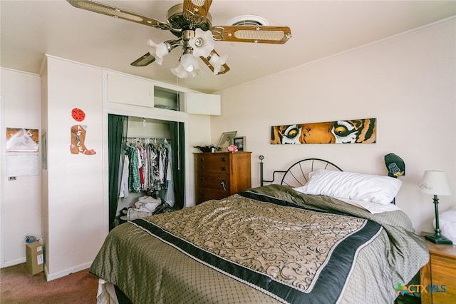 bedroom featuring a closet, carpet, and ceiling fan