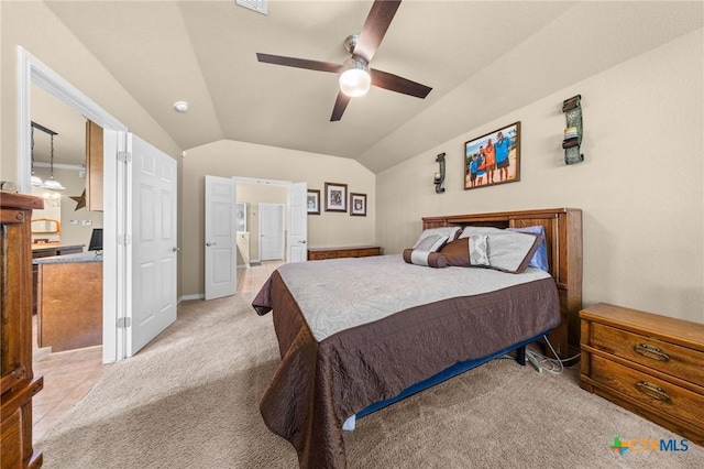 8717 Surrey Ct, Temple, TX 76502 - bedroom featuring lofted ceiling, light colored carpet, and a ceiling fan