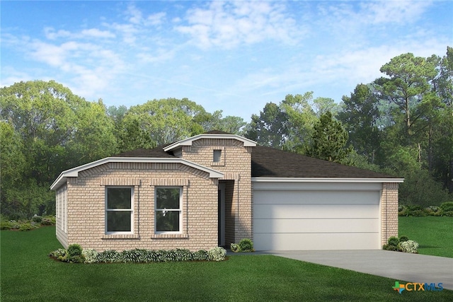 ranch-style house featuring a garage and a front yard