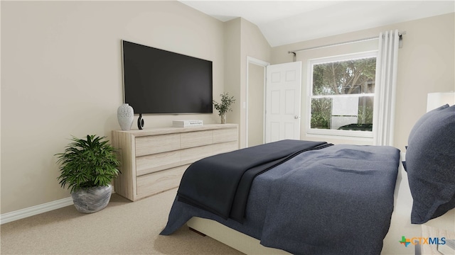 bedroom featuring carpet and vaulted ceiling