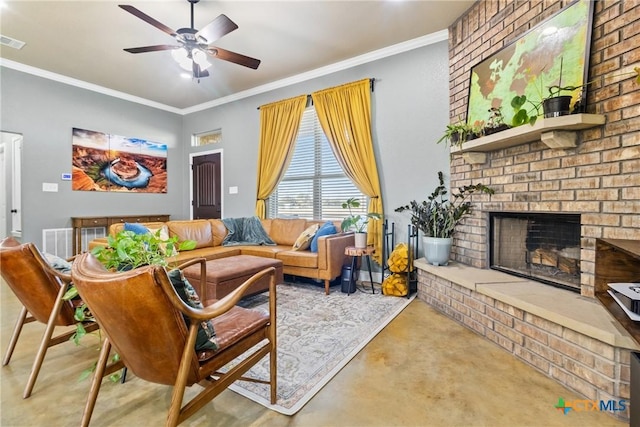 living room with a brick fireplace, ceiling fan, and ornamental molding