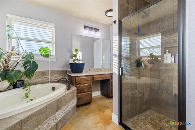 bathroom with vanity, separate shower and tub, and a healthy amount of sunlight