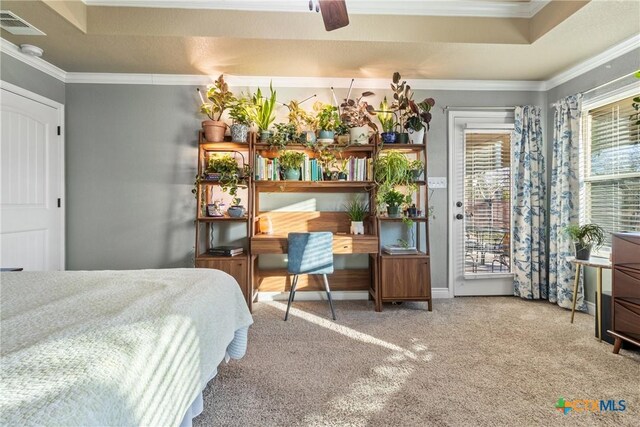 carpeted bedroom with access to exterior, a tray ceiling, and crown molding