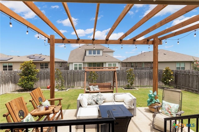 521 Kirkhill St, Hutto, TX 78634 - view of patio / terrace featuring an outdoor hangout area, a pergola, and a residential view