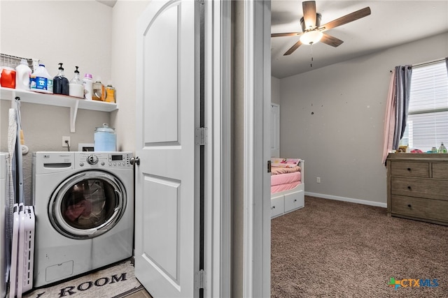 clothes washing area featuring washer / clothes dryer, light carpet, and ceiling fan