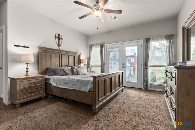 carpeted bedroom with french doors, access to outside, and ceiling fan