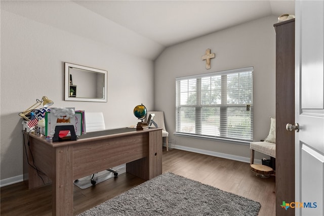 office featuring dark hardwood / wood-style flooring and vaulted ceiling