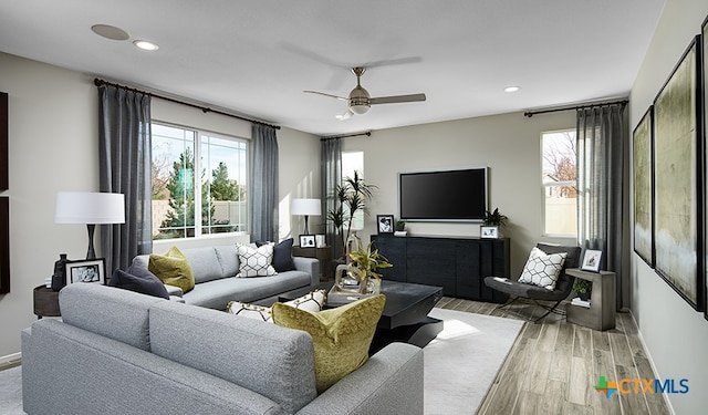 living room with hardwood / wood-style flooring and ceiling fan