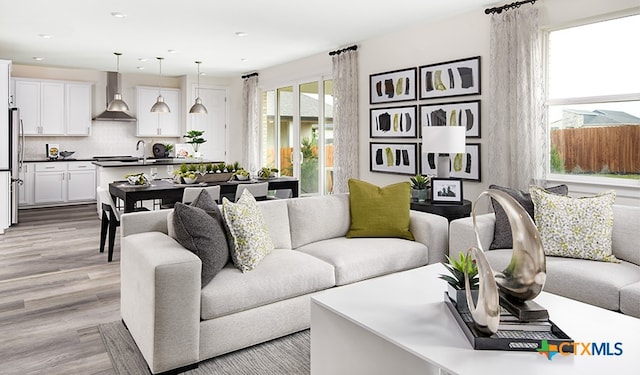 living room featuring light hardwood / wood-style floors and sink