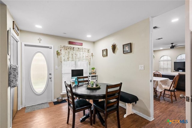 216 Ridge Dr, Victoria, TX 77904 - dining area with wood finished floors, ceiling fan, and recessed lighting