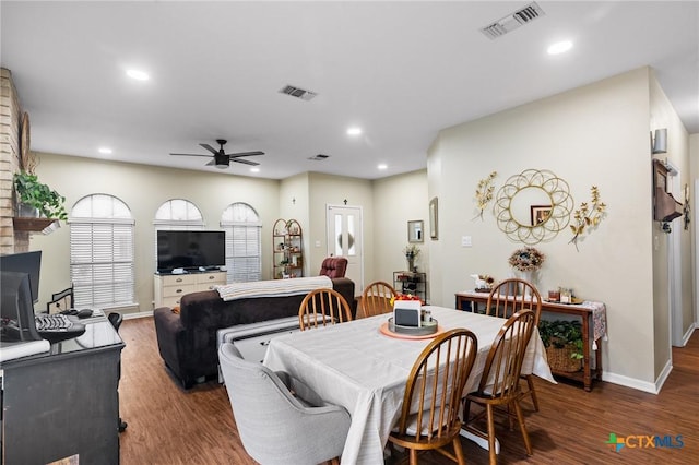 216 Ridge Dr, Victoria, TX 77904 - dining room featuring ceiling fan, wood finished floors, and recessed lighting