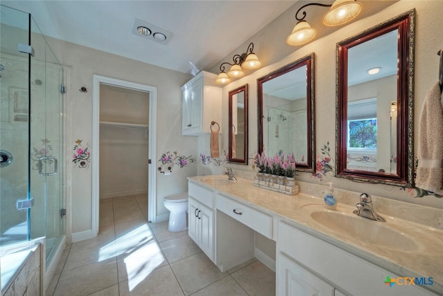 3701 Del Robles Dr, Austin, TX 78727 - full bathroom with tile patterned flooring, a sink, a stall shower, and double vanity