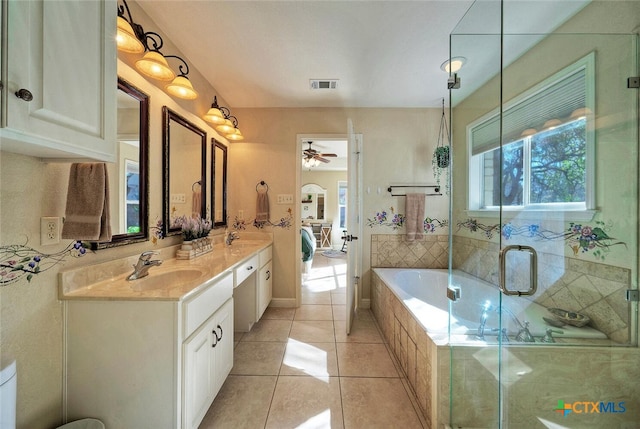 3701 Del Robles Dr, Austin, TX 78727 - full bath with a sink, ceiling fan, double vanity, and visible vents